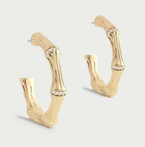 Bamboo Gold, White Crystals Medium Hoop Earrings by Anabel Aram