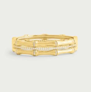Bamboo Gold, White Crystals Stacked Hinged Bangle by Anabel Aram