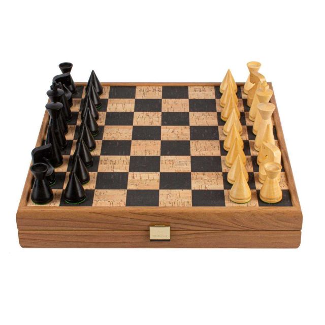 Manopoulos Chess Natural Cork Inlaid Chessboard With Ivory And Black Chessmen SF40BLA