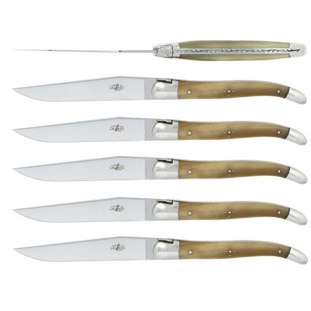 Forge Laguiole Steak Knives Light Horn Tip Stainless Steel Shiny Finish Set/6 T6 2M IN BC BRI