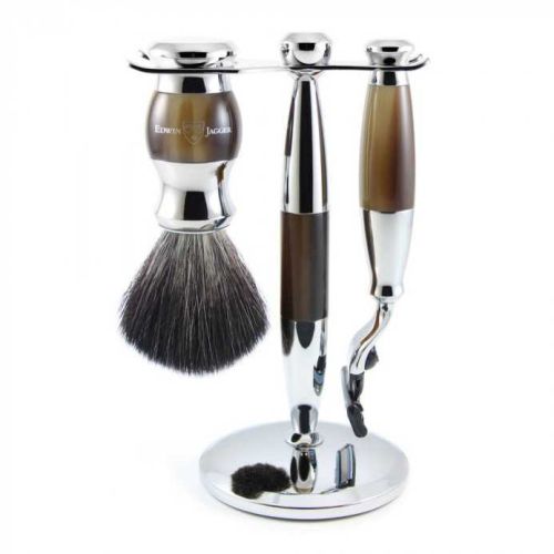 Edwin Jagger  3pc Set, Gillette® Fusion® Proglide® Razor, Shaving Brush, Imitation Light Horn, Black Synthetic Fibre With Stand, Chrome Plated S21M362CRF