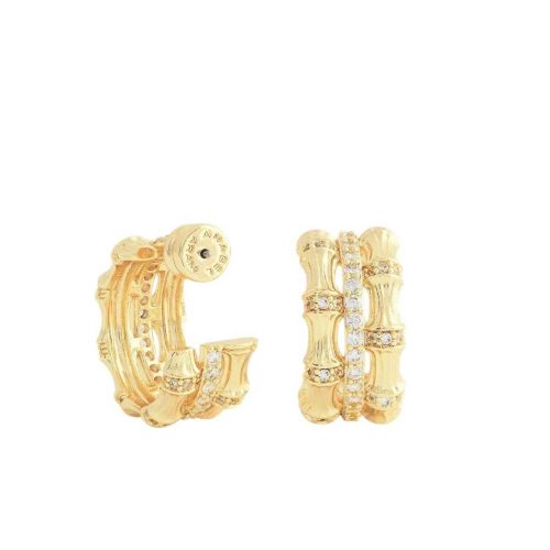Anabel Aram Bamboo Gold, White Crystals Stacked Hoop Earrings 14011117324