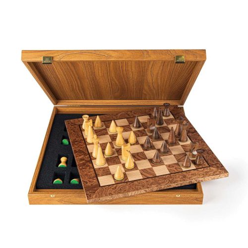 Manopoulos Chess Walnut Burl Chessboard With Modern Style Chessmen In Brown/Ivory SW4040J
