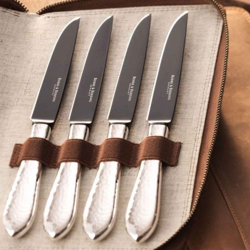 Robbe & Berking Frozen Black Gift Sets Martele Silverplate 8 Steak Knives in leather case