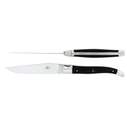 Forge Laguiole Steak Knives Dark/Medium Horn Tip Stainless Steel Shiny Set of 2 T2 2M IN BM BRI