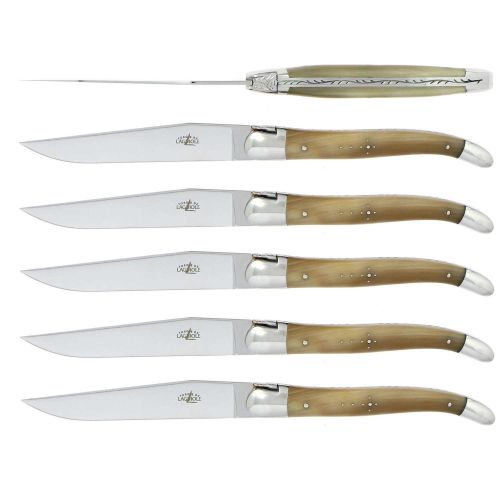 Forge Laguiole Steak Knives Light Horn Tip Stainless Steel Shiny Finish Set/6 T6 2M IN BC BRI