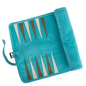 Travel Size Leather Backgammon Turquoise Color with cream and taupe points by Manopoulos