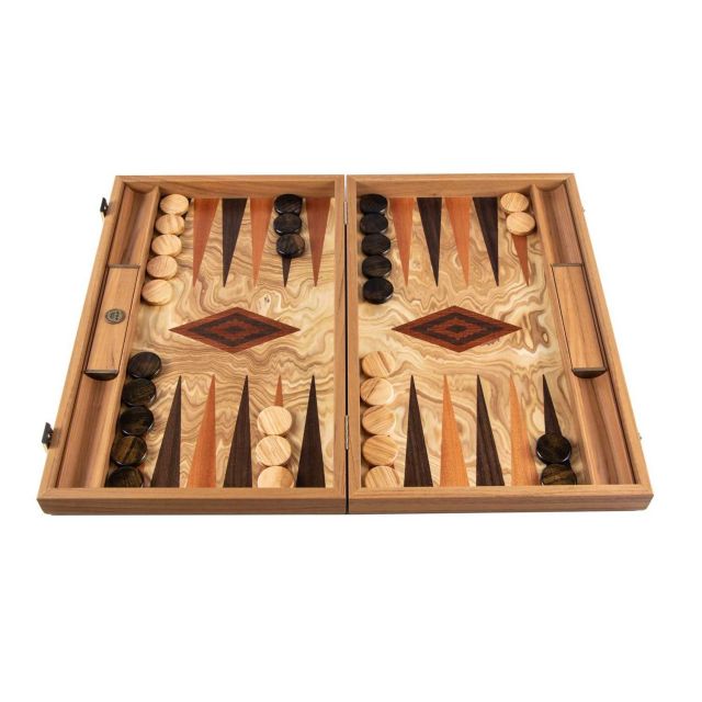 Manopoulos Backgammon Olive Burl with Wenge & Mahogany Points BEE1