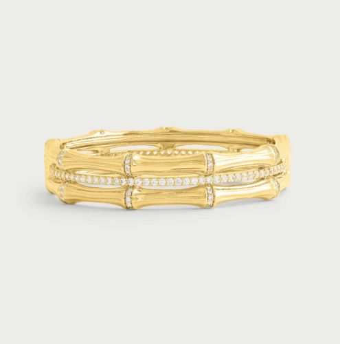 Anabel Aram Bamboo GOLD, WHITE CRYSTALS STACKED HINGED BANGLE 12011117224