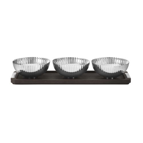 Georg Jensen Bernadotte  Triple Bowl Set In Stand Wood & Stainless Steel 10018216