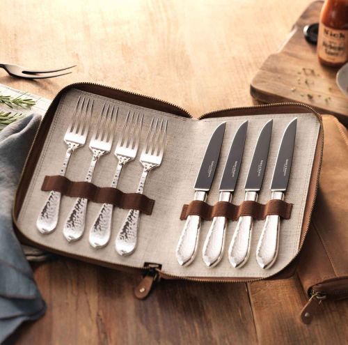 Robbe & Berking Frozen Black Martele 4 Steak Knives and Forks in Leather Case 