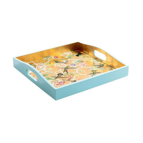 Caspari Lacquer Square Tray Hummingbird Trellis Ivory 15110LQSQR