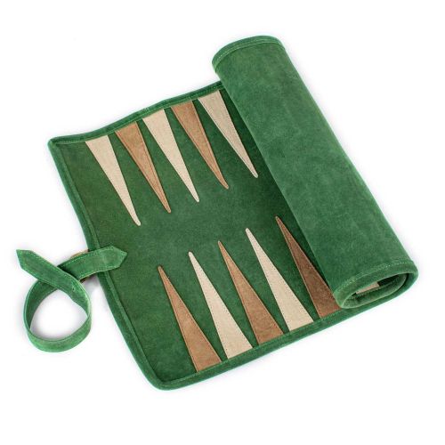 Manopoulos Travel Size Leather Backgammon Forest Green With Brown & Cream Points RLE3GRE